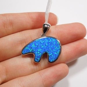 Blue Fire Opal Inlay Sterling Silver Bear Pendant